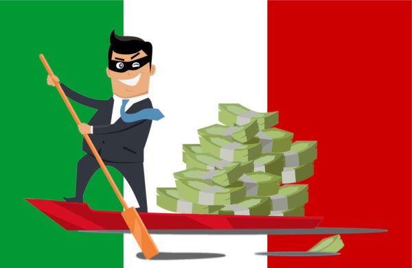 Bandiera italiana con evasore che rema
