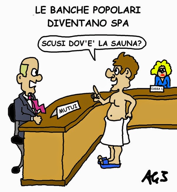 Vignetta sulla trasformazione dell banche popolari in Società per Azioni